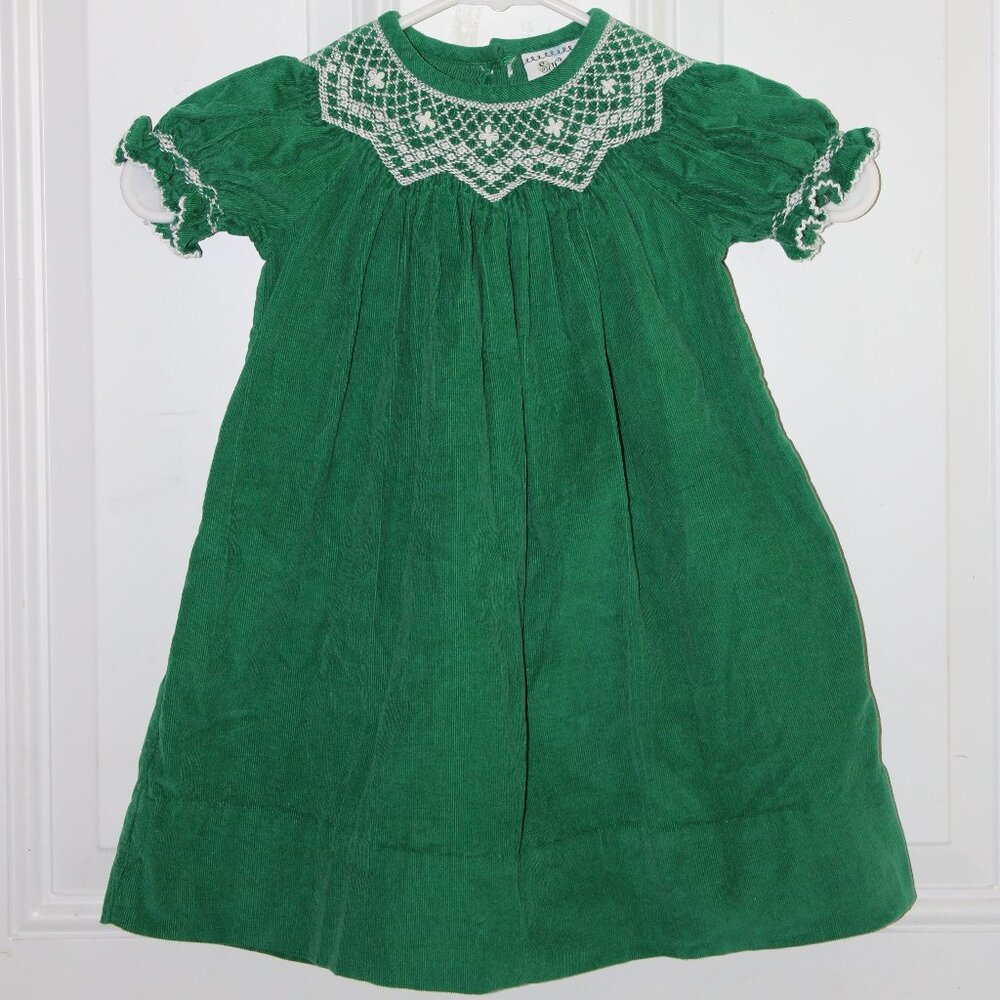 Sucre By Le Za Me Girls Size 24 Months Green Corduroy Smocked Dress - Picture 2 of 3